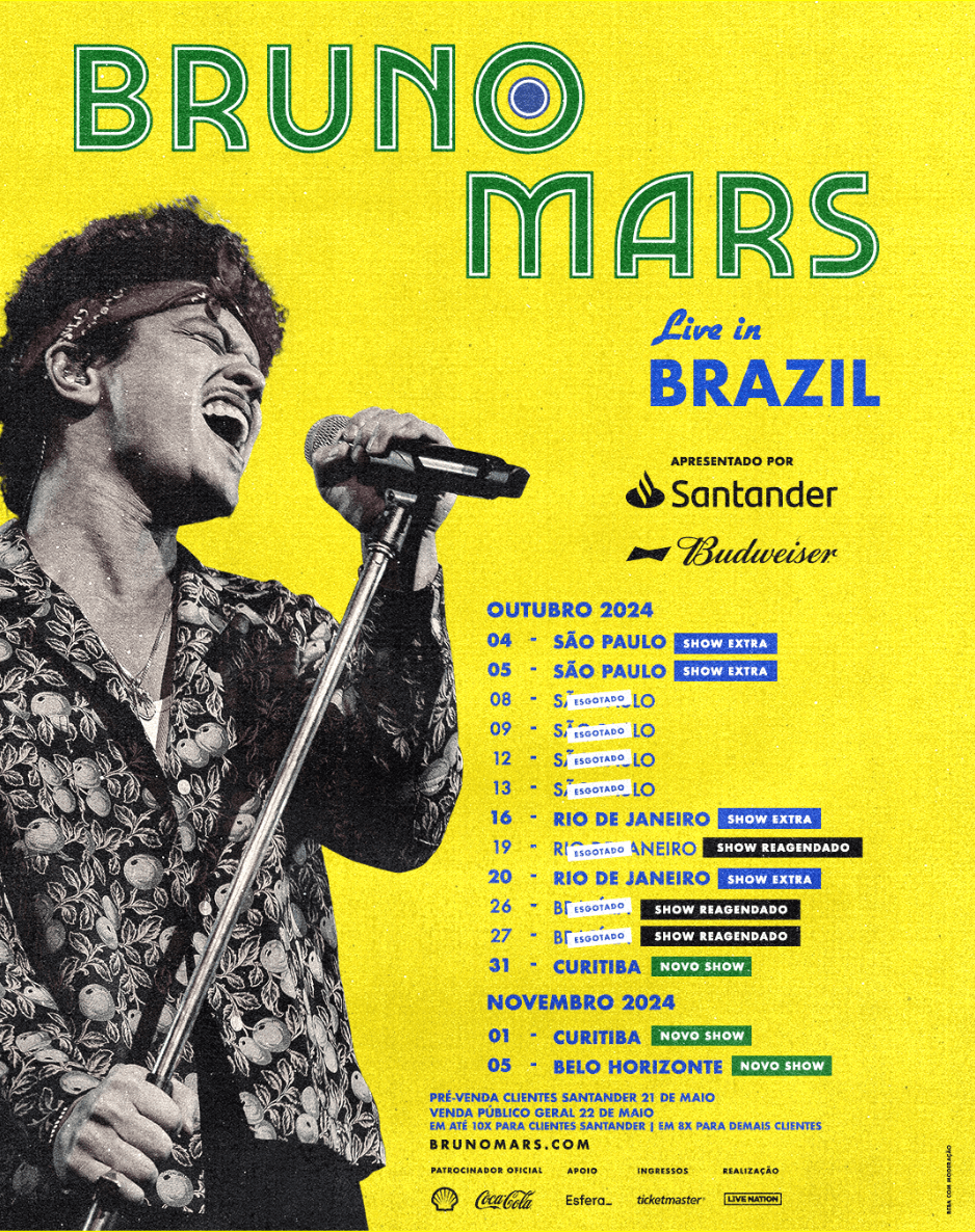 Bruno Mars no Brasil: Alteração nas datas de Rio de Janeiro e Brasília, shows extras no Rio e em São Paulo; Curitiba e Belo Horizonte adicionadas na rota da tourBruno Mars no Brasil: Alteração nas datas de Rio de Janeiro e&nbsp;Brasília