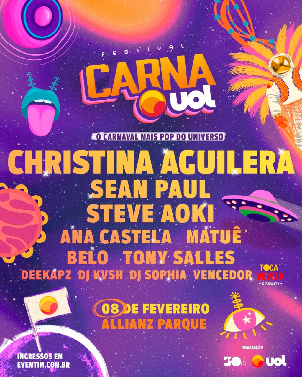 CarnaUOL anuncia lineup internacional com Christina Aguilera, Sean Paul, Steve Aoki e reposiciona marca na sua 10ª&nbsp;edição