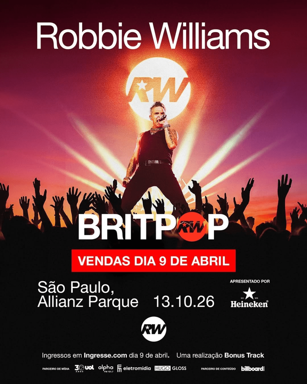 Robbie Williams volta ao Brasil em outubro com a turnê&nbsp;BRITPOP